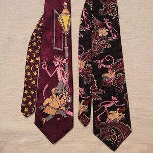 Pink Panther Set Of 2 Neckties Retro Novel Ties Novelty Silk 1994 Cartoon Vtg